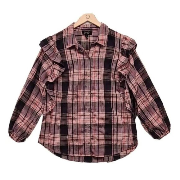 Jessica Simpson Womens Large Sadie Plaid Button Up Top Balloon Sleeve - Picture 1 of 7